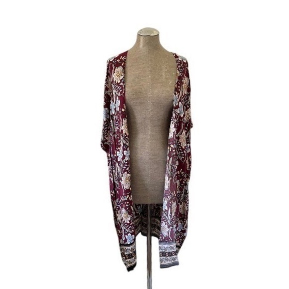 Boho Floral Kimono Cardigan Burgundy Open Front Lightweight Wrap One Size